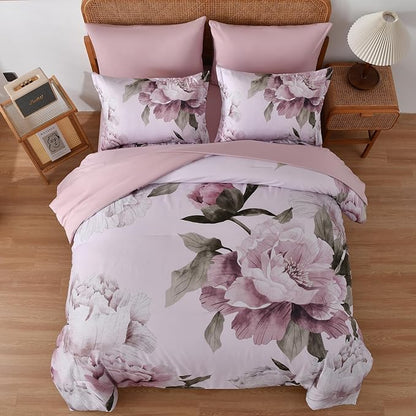 Dobuyly Pink King Size Comforter Set 7 Piece Bed in a Bag, Blush Floral Printed on Light Pink Comforter Set with Sheets, Soft Microfiber Botanical Flower Bedding Set for All Season