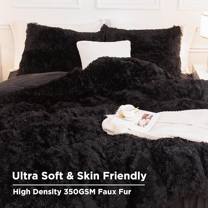 Andency Comforter Full Size Set Black, Fluffy Winter Faux Fur Warm Soft Plush Bedding Comforter Set (1 Velvet Comforter & 2 Pillowcases), Fuzzy Thick Heavy Puffy Comforters Bed Set