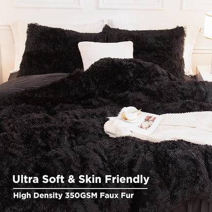 Andency Queen Comforter Set Black, Fluffy Winter Faux Fur Warm Soft Plush Bedding Comforter Set (1 Velvet Comforter & 2 Pillowcases), Fuzzy Thick Heavy Puffy Comforters Bed Set