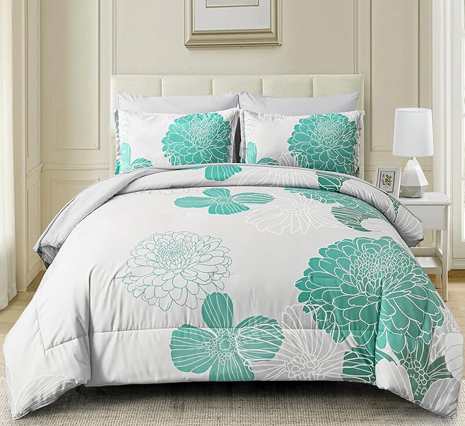 Yiran Grey Aqua Floral Queen Comforter Set Bed in a Bag Soft Microfiber Comforter Bedding Set 90"×90",7 Pieces (1 Comforter,2 Pillowcases,2 Pillow Shams,1 Flat Sheet,1 Fitted Sheet)