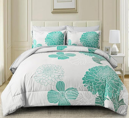 Yiran Grey Aqua Floral Queen Comforter Set Bed in a Bag Soft Microfiber Comforter Bedding Set 90"×90",7 Pieces (1 Comforter,2 Pillowcases,2 Pillow Shams,1 Flat Sheet,1 Fitted Sheet)