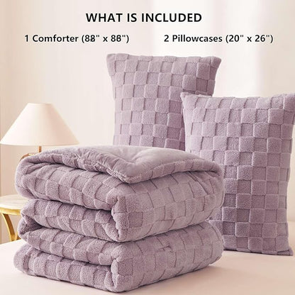 CozyLux Fleece Queen Comforter Set Light Purple,Super Soft & Warm Fluffy Bedding with Checkered Pattern,Luxury Fuzzy Heavy Bed Set for Winter,3 Pieces,1 Comforter and 2 Pillowcases