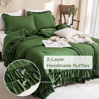 Masaca Olive Green Comforter Set Queen,Farmhouse Bedding Queen Size Comforter Set with Ruffle,Shabby Boho Chic French Country Dark Green Bedding Sets 3 Pieces
