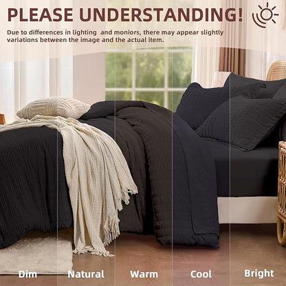 FUANNA Full Size Comforter Sets 7 Pieces, Luxury Seersucker Bed in a Bag Full for All Seasons, Soft Bed Sets with Comforter, Flat Sheet, Fitted Sheet, Pillowcases & Shams for Bedroom, Black