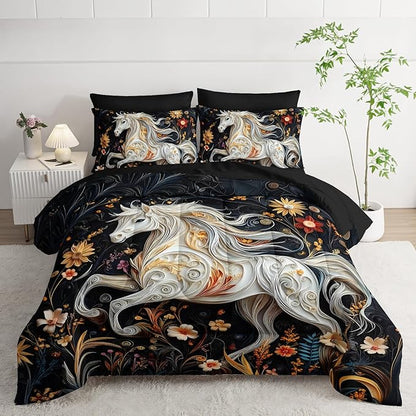 7 Piece Horse Comforter Set Full Size，Full Size Horse Quilt Bedding Set，(1 Comforter, 1 Flat Sheet, 1 Fitted Sheet, 2 Pillowcase and 2 Pillow Sham)