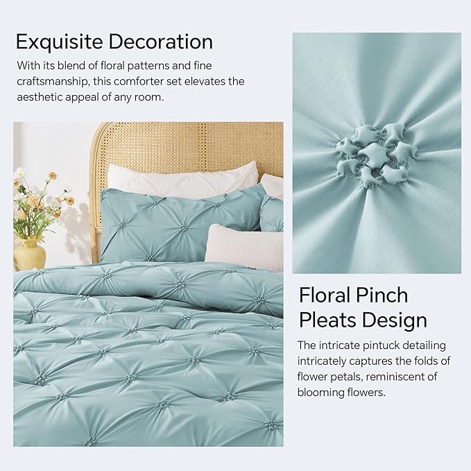 BEDELITE Dusty Blue Twin Comforter Set - 2 Peices Boho Pintuck Bedding Comforter Sets, Lightweight Soft & Warm Twin Bedding Sets with 1 Pillowcase for All Season
