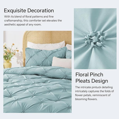 BEDELITE Dusty Blue Queen Comforter Set - 3 Pieces Boho Pintuck Bedding Comforter Sets, Lightweight Soft & Warm Bed Comforter Queen with 2 Pillowcases for All Season