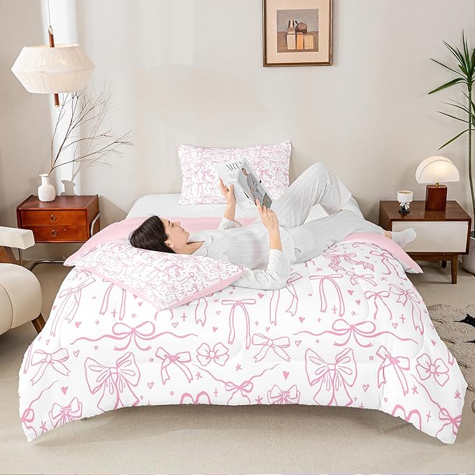 Pink Bowknot Kids Girls Comforter Set King Size,Cartoon Hand Drawn Stars Love Bow Quilt Set,Sweet Princess Style Bedding Set for Teens Woman Room Decor,Dreamy Pink White Duvet Insert 3Pcs