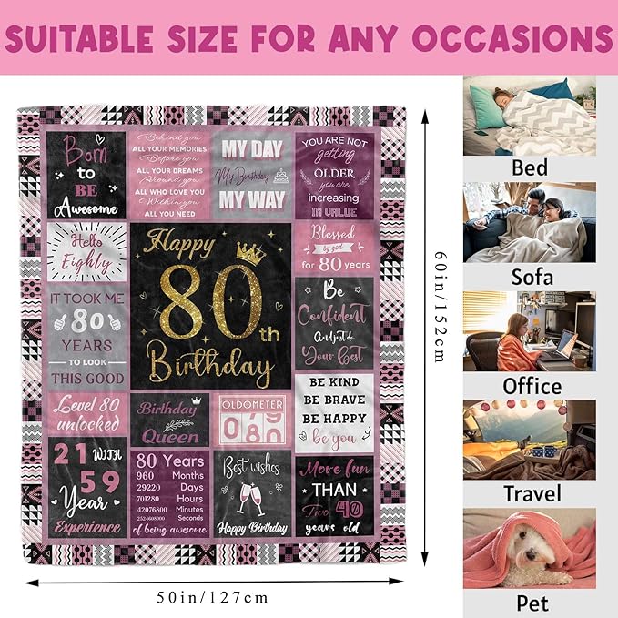 80 Birthday Gifts for Women, 80th Birthday Blanket with Gift Box for Women, Gifts for 80th Birthday, Happy 80th Birthday Decorations Gift Ideas for Her, 80th Birthday Gifts Throw Blanket 60"x50"