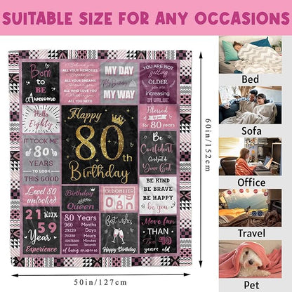 80 Birthday Gifts for Women, 80th Birthday Blanket with Gift Box for Women, Gifts for 80th Birthday, Happy 80th Birthday Decorations Gift Ideas for Her, 80th Birthday Gifts Throw Blanket 60"x50"