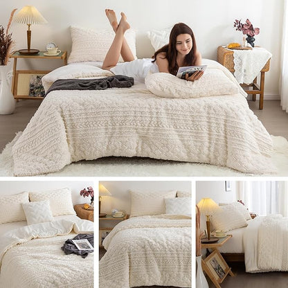 COTTEBED Fluffy Warm Sherpa Comforter Set Twin Bed, Boho Tufted Ultra-Soft Thick Twin XL Size Shabby Plush Bedding Down Comforter Sets for Boy Girl Child College Dorm Winter Christmas, Off White Ivory