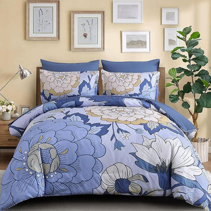 DJY 7 Pieces Blue Floral Comforter Set Queen Size Botanical Bed in a Bag, Soft Microfiber Boho Farmhouse Bedding Floral Comforter with Sheets Set for All Season (104''x90'')