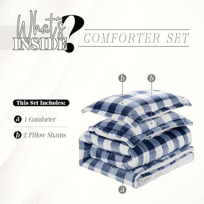 Elegant Comfort 3-Piece Buffalo Lodge-Plaid Comforter Set, Luxurious, Heavyweight, All Season, Down Alternative-Micromink Sherpa-Backing Reversible Micro-Suede, Soft and Plush, Twin, Navy Blue/White