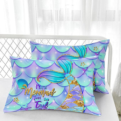 Blue Mermaid Tail Comforter Sets Twin Size，Bedding Sets for Kids,Blue Starfish Comforter Sets All Season 1 Comforter and 2 Pillowcases