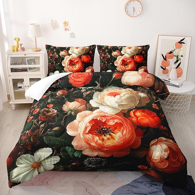 Colorful Flower Comforter Set Queen Size 3 PCS Bed in a Bag,Cute Floral Bedding Set for Girls Teens,Ultra Soft Microfiber Comforter Bed Set with 3-Pieces, Floral Bedroom Decor