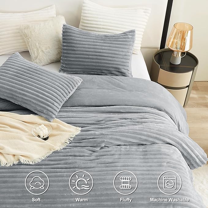 CozyLux Fluffy King Size Comforter Set - Super Soft Faux Fur Grey Comforter King Size, Winter Warm Fleece Bedding Set, 3 Pieces Plush Fuzzy Bed Set (1 Shaggy Comforter, 2 Pillowcases)