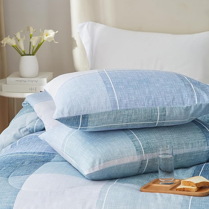 mixinni Full Comforter Set for Boys Simple Style Modern Geometric Blue Checkered Plaid Printed Cofmorter for All Season,1 Lightweight Comfroter and 2 Pillow Shams-Full Size