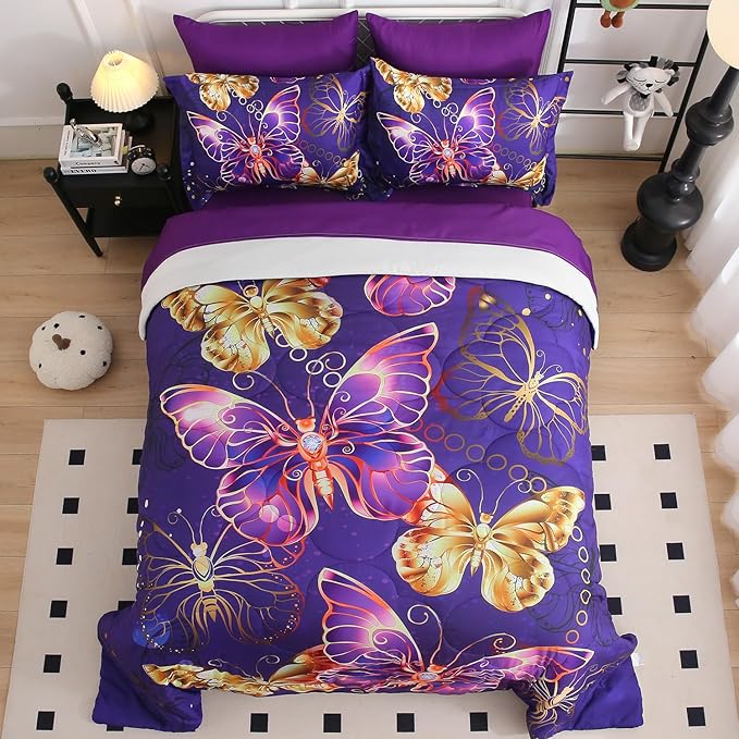 7 Piece Butterflies Comforter Set Full Size 3D Gold Violet Butterflies Bedding Set for Kids Girls Women for Birthday Christmas Gift