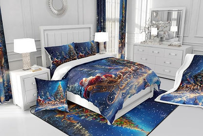 Santa Clause Elk Sleigh Comforter Set Queen Size,Christmas Tree Bedding Set for Kids Girls Boys Teens Room Decor,Winter Snow Night Quilt Set Vintage Art Painting Duvet Insert,2 Pillowcases