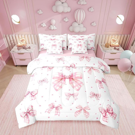 Erosebridal Plaid Kawaii Starry Bowknot King 7-Piece Comforter Set | Checkered Cute Geometric Sheets and Pillowcases Pink White Princess Ribbon Bed in A Bag Kids Women Teens Bed Sets