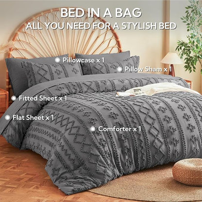 MR&HM Twin XL Comforter Set Dark Grey, 5 Pieces Tufted Boho Beddding Sets, Farmhouse Style Bed in a Bag with 1 Comforter, 1 Pillow Sham, 1 Pillowcase, 1 Flat Sheet, 1 Fitted Sheet for College Dorm