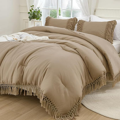 Andency Taupe Full Size Comforter Set, 3 Pieces Boho Tassel Lightweight Soft Bedding Comforter Sets, All Season Fluffy Fringe Bed Set (79x90In Comforter & 2 Pillowcases)