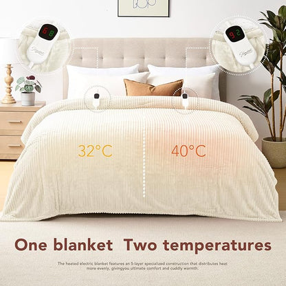Homemate Electric Heated Blanket King Size - 100"x90" Heating Blanket King Size Dual Control 1/2/4/6/8 Hours Auto-Off 10 Heat Level Over-Heat Protection Soft Flannel Sherpa ETL Certification