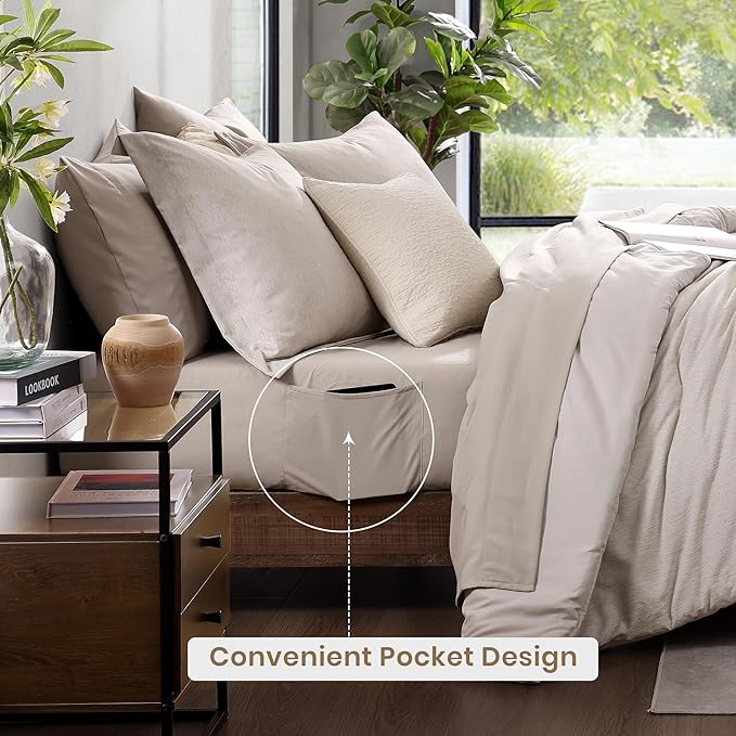 Monbix California King Comforter Set - 7 Pieces Cationic Dyeing Oatmeal Bed in a Bag Cal King Bed Sets with Comforter, Sheets, Pillowcases & Shams, Reversible Bedding Comforters Sets