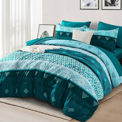 Xruibed Teal King Comforter Set 7 Pieces, Boho Striped Bed in a Bag King Size Soft Microfiber All Season Bedding Set with Comforter, Sheets, Pillowcases & Shams(104"×90")