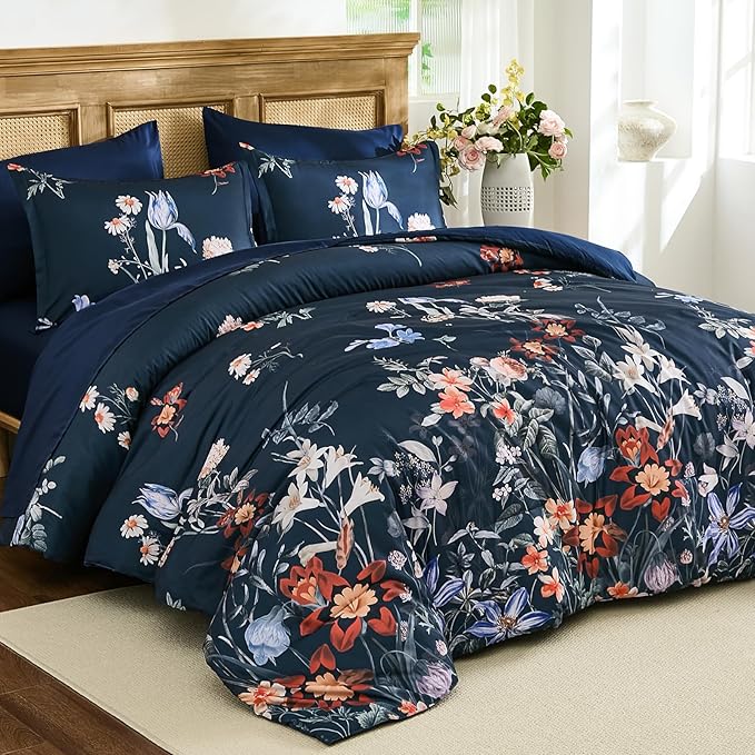 WONGS BEDDING King Comforter Set 7 Piece, Navy Blue Floral Bed in a Bag Bedding Set with Botanical Flowers Patterns, Soft Lightweight Complete Comforters with Sheets for All Season