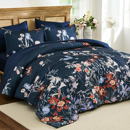 WONGS BEDDING King Comforter Set 7 Piece, Navy Blue Floral Bed in a Bag Bedding Set with Botanical Flowers Patterns, Soft Lightweight Complete Comforters with Sheets for All Season