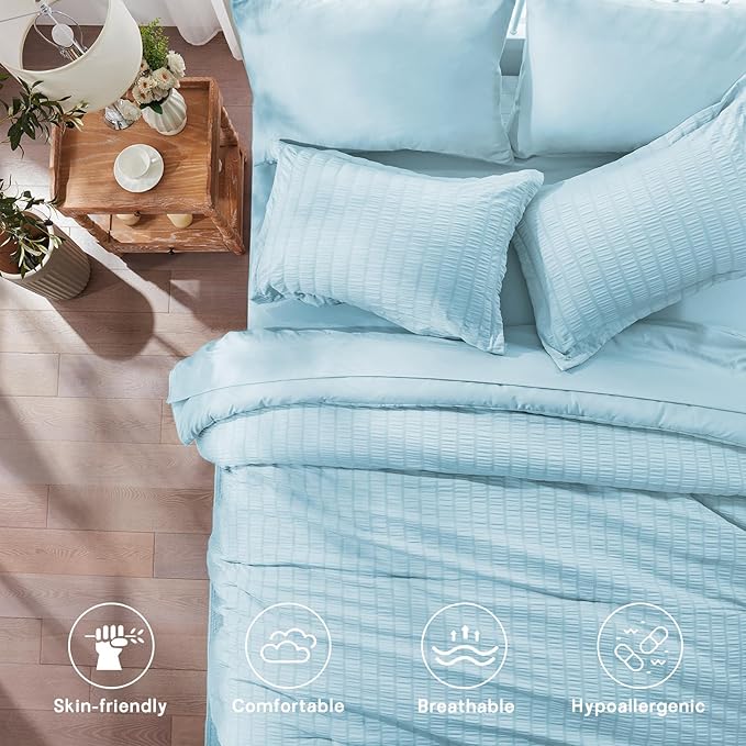 Zzlpp Queen Comforter Set 7 Pieces, Light Blue Seersucker Bed in a Bag with Comforter, Pillow Shams, Pillowcases, Flat Sheet, Fitted Sheet