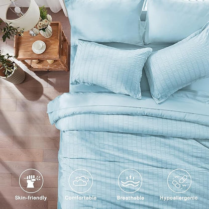 Zzlpp Queen Comforter Set 7 Pieces, Light Blue Seersucker Bed in a Bag with Comforter, Pillow Shams, Pillowcases, Flat Sheet, Fitted Sheet