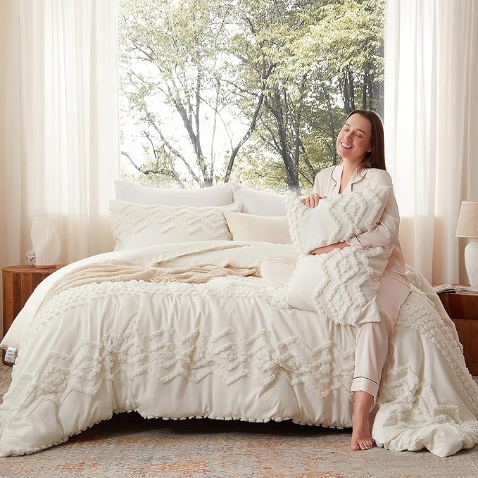 Luxudecor Boho Tufted Comforter Set Queen Size 3 Pieces Ivory White Shabby Chic Comforter Farmhouse Embroidery Bedding Set Soft Comforter for All Seasons (Ivory White, 90''x90'')
