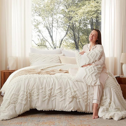 Luxudecor Boho Tufted Comforter Set Queen Size 3 Pieces Ivory White Shabby Chic Comforter Farmhouse Embroidery Bedding Set Soft Comforter for All Seasons (Ivory White, 90''x90'')