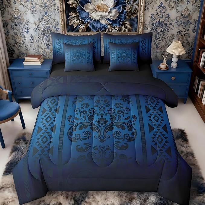 Comforter Set Twin Size, Black and Blue Aztec Damask 7 Pcs Bedding for Kids Adults, Victorian Decor Western Baroque Goth Bed Sheet Sets with Fitted Sheet 2 Pillowcases & 2 Shams for Bedroom Bed Decor