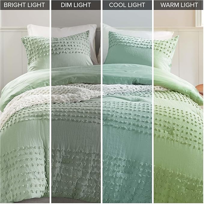 Comfort Spaces Queen Comforter Set Jacquard Pom-Pom Tufts Boho Comforter for Queen Size Bed, Microfiber Reverse, All Season & Lofty Queen Bedding Set & Sham, Phillips, Full/Queen, Sage Green 3 Piece