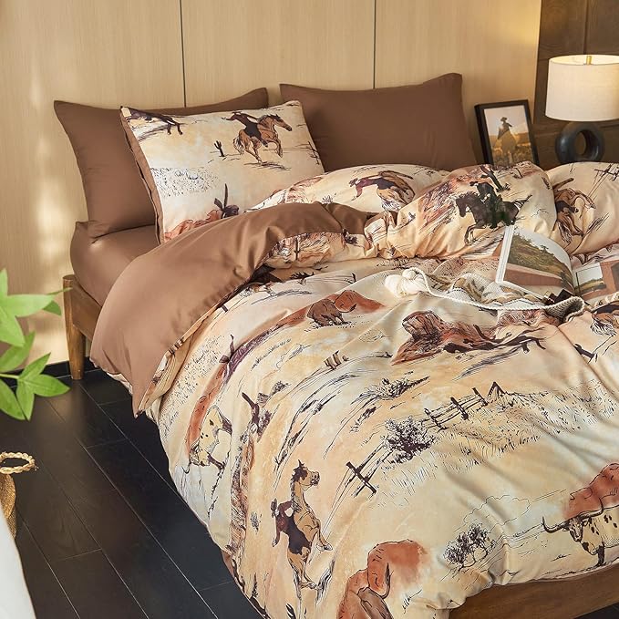 Wake In Cloud - Western Comforter Set, Rustic Ranch Life with Cowboy Southwestern Vintage Country Pattern Printed, Soft Lightweight Bedding, 3 Pieces, Ochre Brown, Queen Size