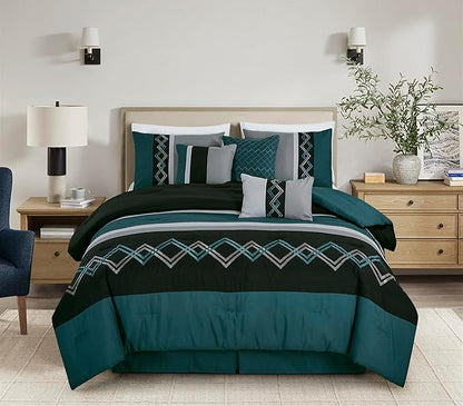 Chezmoi Collection Arden 7-Piece Modern Pleated Stripe Embroidered Zigzag Bedding Comforter Set (Full, Teal/Black/Gray)