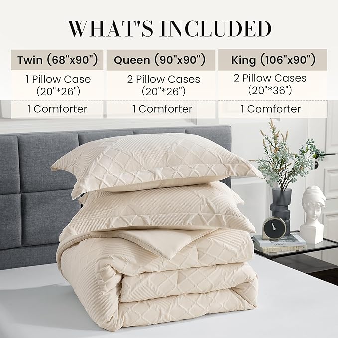 Amélie Home Queen Comforter Set, 3 Piece Beige Jacquard Bedding Set with 2 Pillow Cases, Soft Microfiber Diamond Design, Lightweight All-Season for Bedroom & Dorm