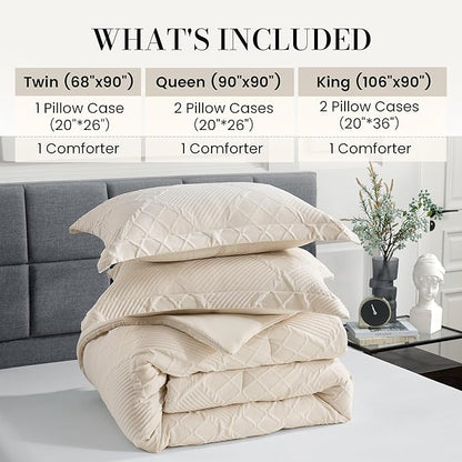 Amélie Home King Comforter Set, 3 Piece Beige Jacquard Bedding Set with 2 Pillow Cases, Soft Microfiber Diamond Design, Lightweight All-Season for Bedroom & Dorm