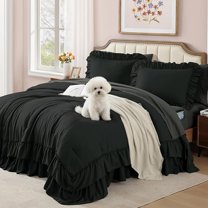 King Size Comforter Set Black, Ruffle Shabby Chic Bedding Set Farmhouse 7 Pieces, All Season Fluffy Bed in a Bag with Sheets, Pillowcases & Shams