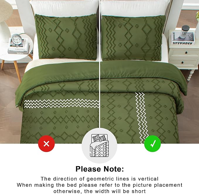 Andency Olive Green Tufted Comforter Set King(104x90Inch), 3 Pieces Boho Textured Farmhouse Bed, Soft Microfiber Down Alternative Geometric Bed Set with 2 Pillowcases