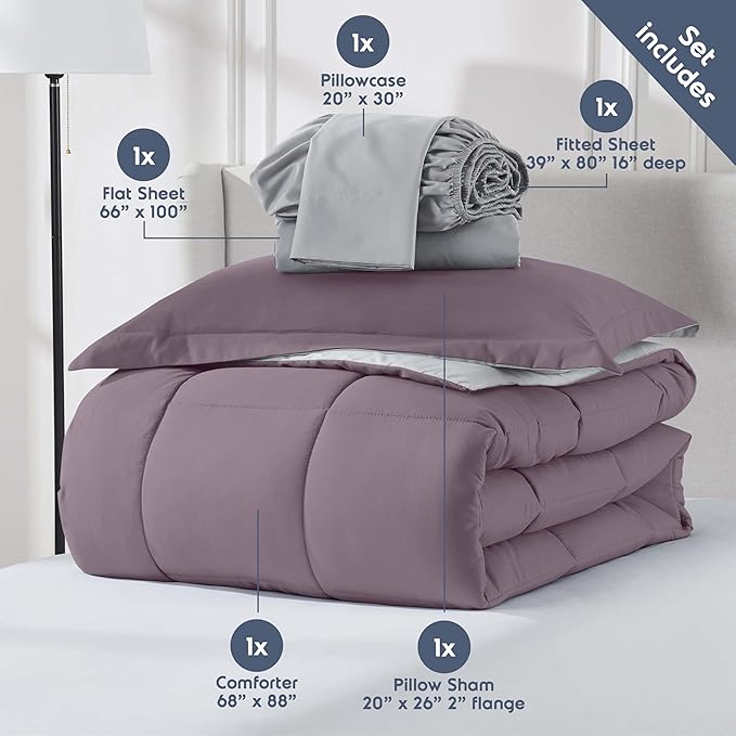 Nestl 5 Piece Twin XL Comforter Set – Dusty Purple Reversible Bed in a Bag – Complete Twin XL Size Bedding Set with Sheets, Pillowcase and Sham