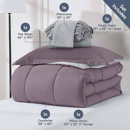 Nestl 5 Piece Twin XL Comforter Set – Dusty Purple Reversible Bed in a Bag – Complete Twin XL Size Bedding Set with Sheets, Pillowcase and Sham