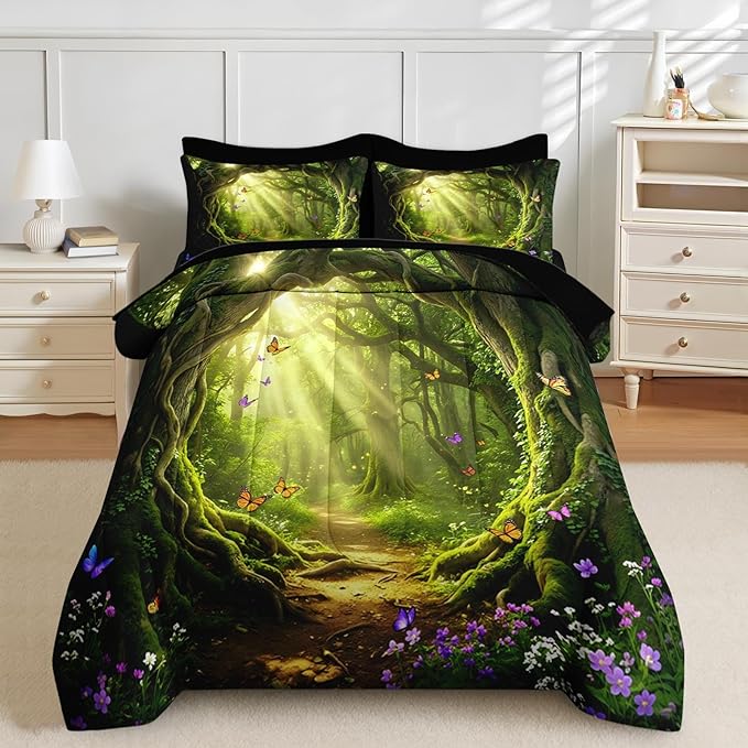 Nesker 5 Pcs Spring Comforter Set Twin Size, Green Forest Path Bedding Set for Kids and Adults, Magical Butterfly Nature Bed Sheet Sets with Fitted Sheet Pillowcase & Sham