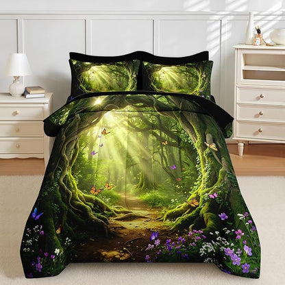 Nesker 7 Pcs Spring Comforter Set Queen Size, Green Forest Path Bedding Set for Kids and Adults, Magical Butterfly Nature Bed Sheet Sets with Fitted Sheet 2 Pillowcases & 2 Shams