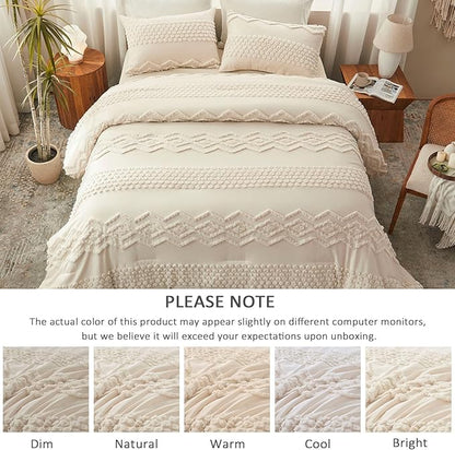 Luxudecor Beige Tufted Comforter Set Full Size 3 Pieces Boho Shabby Chic Comforter Farmhouse Embroidery Bedding Set Soft Comforter for All Seasons (Beige, 80''x90'')