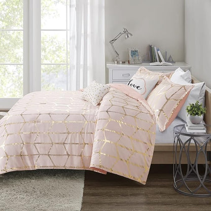 Intelligent Design Raina King/Cal King Comforter Set, Soft Microfiber, Modern Geometric Metallic Bed Set, 5 Pieces College Bedding with 2 Shams, 2 Toss Pillows Blush/Gold