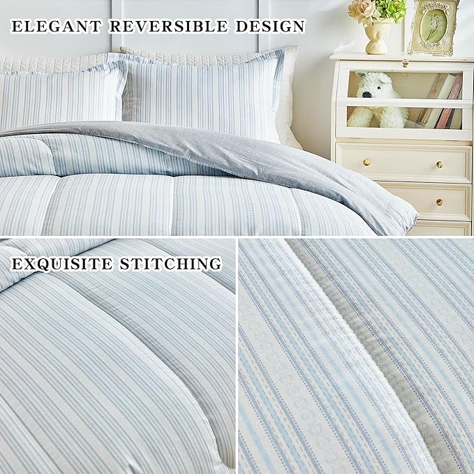 Joyreap 3pcs Cotton Comforter Set King, Light Blue Stripes Stylish Design, Soft Cozy Lightweight Bedding Comforter Set for All Seasons- 100x88 inches